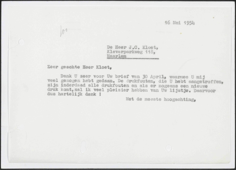 Letter to J.C. Kloet