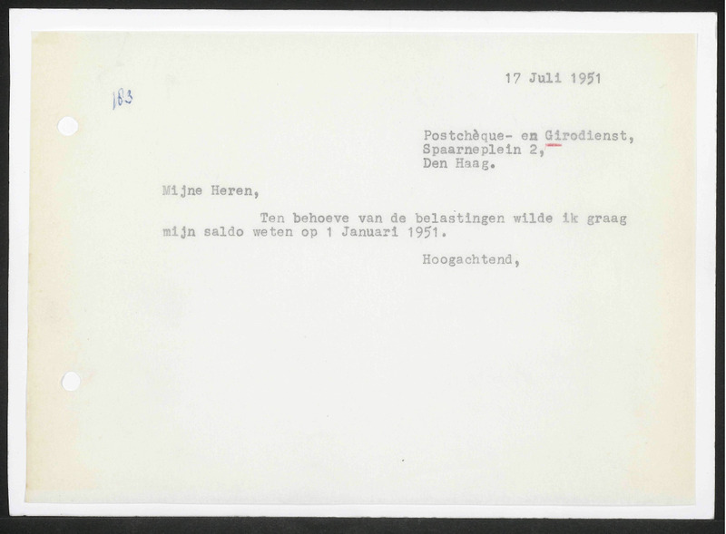 Letter to Postchèque- en Girodienst