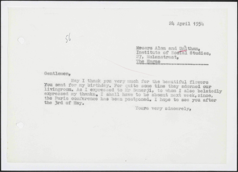 Letter to T.K.N. Unnithan