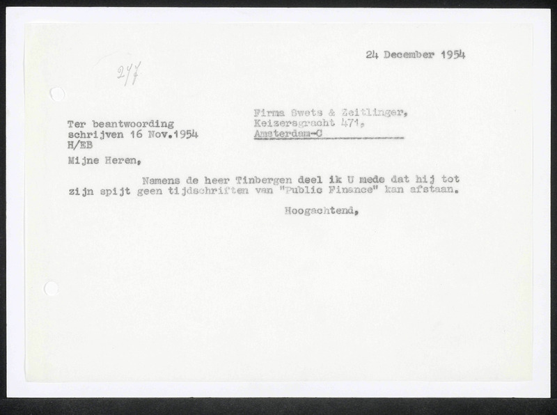 Letter to Swets & Zeitlinger oude- en nieuwe Boekhandel, Amsterdam