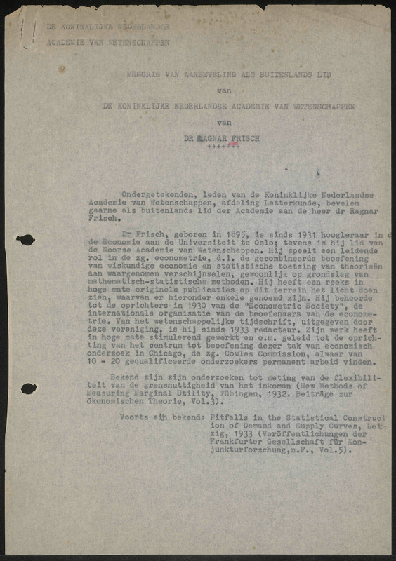 Letter to Koninklijke Nederlandse Akademie van Wetenschappen