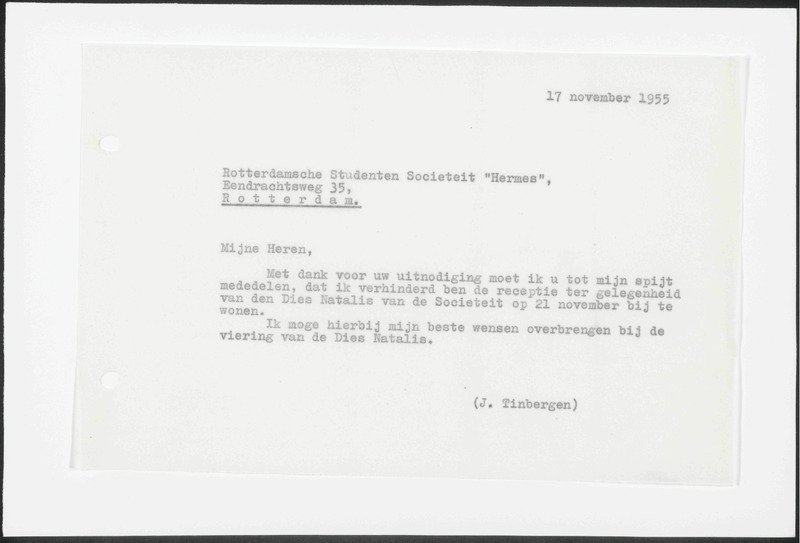 Letter to Rotterdamsche Studenten Societeit Hermes