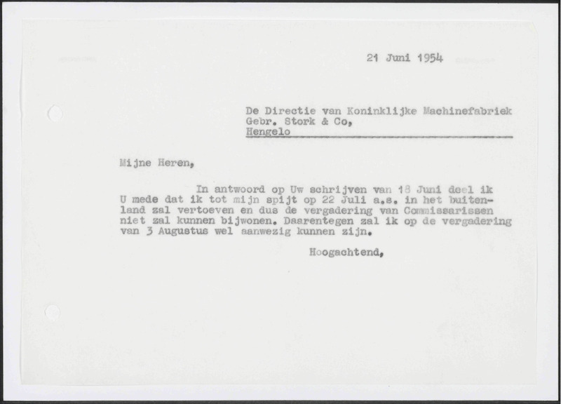 Letter to Koninklijke Machinefabriek Gebr. Stork & Co. N.V., Hengelo