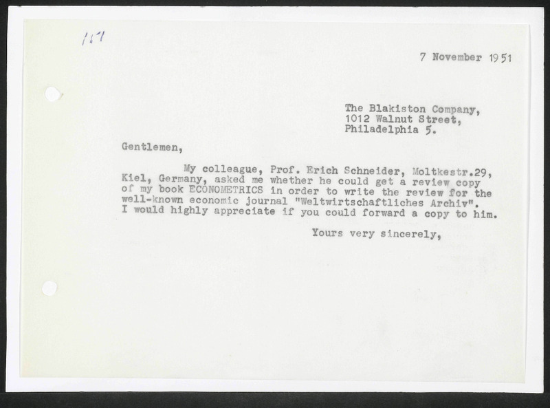 Letter to Blakiston Company, Publishers in Books of Medicine and Science