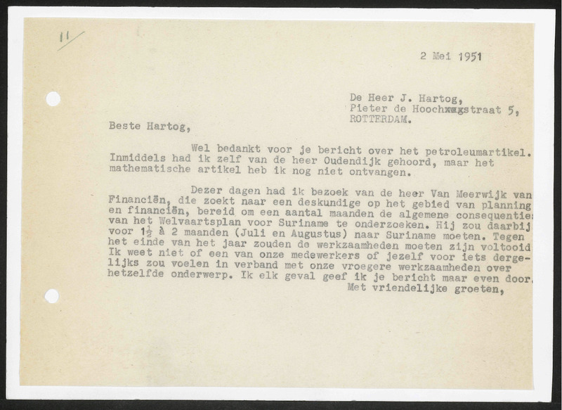 Letter to J. Hartog