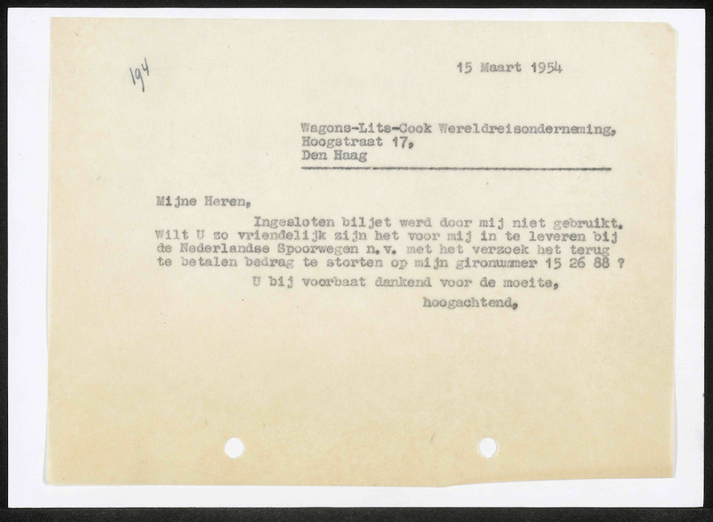 Letter to Wagons-Lite-Cook Wereldreisonderneming