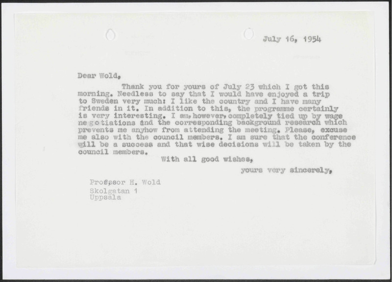 Letter to H. Wold