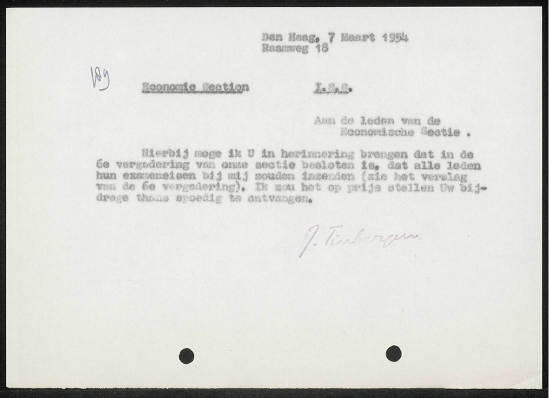 Letter to Institute of Social Studies, Economische Sectie