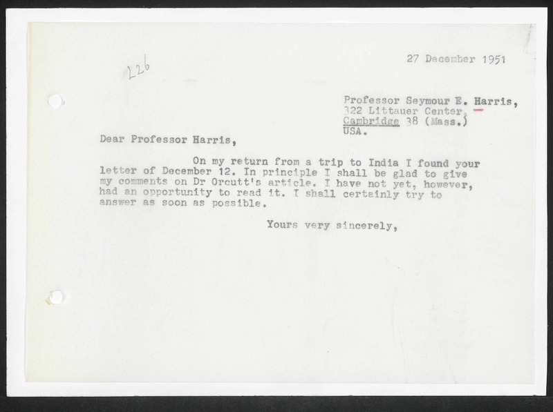 Letter to S.E. Harris