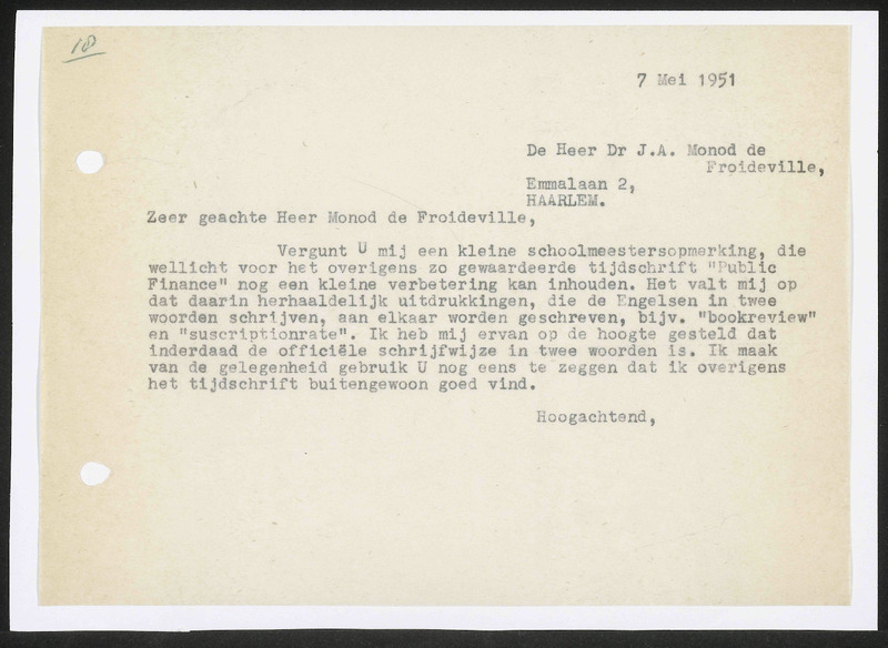 Letter to J.A. Monod de Froideville