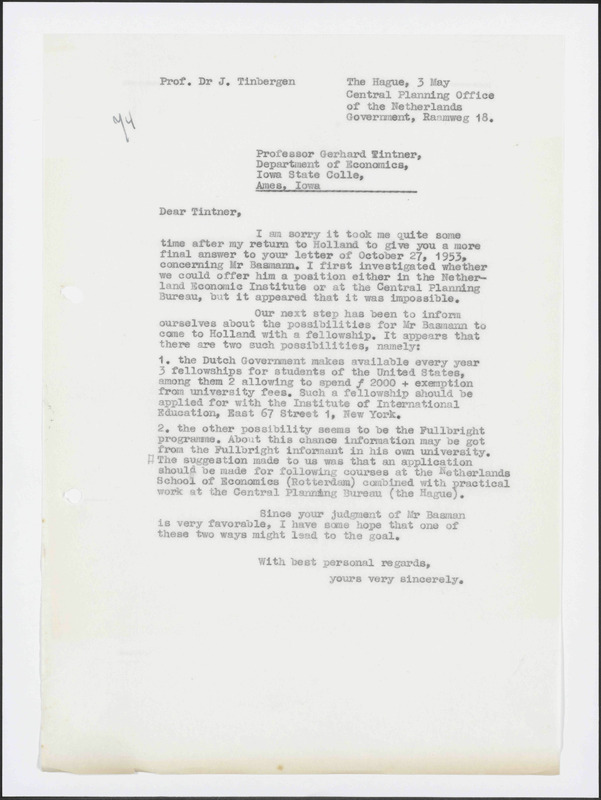 Letter to G. Tintner