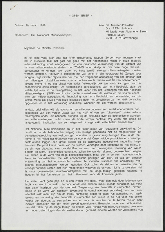 Letter to R.F.M. Lubbers