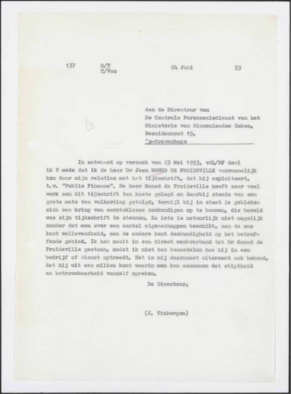Letter to Ministerie van Binnenlandse Zaken