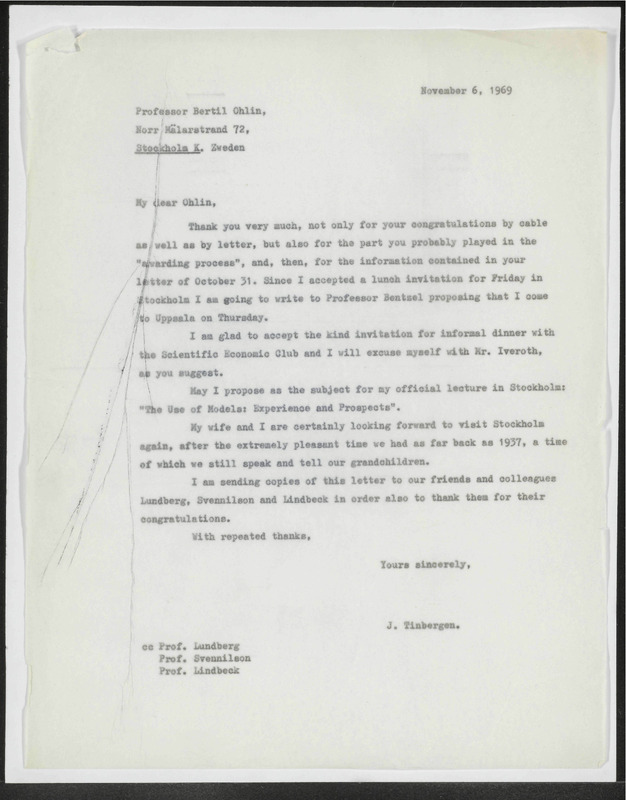 Letter to Bertil Ohlin
