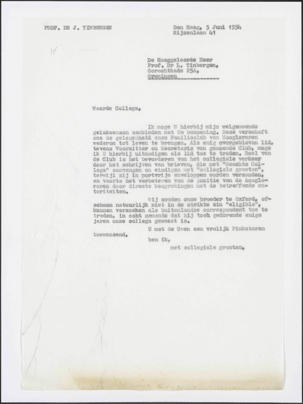 Letter to L. Tinbergen