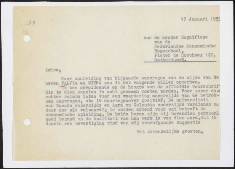 Letter to Nederlandse Economische Hogeschool, Rotterdam