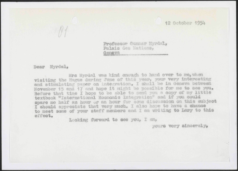 Letter to Gunner Myrdal