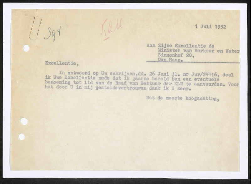 Letter to Ministerie van Verkeer en Waterstaat