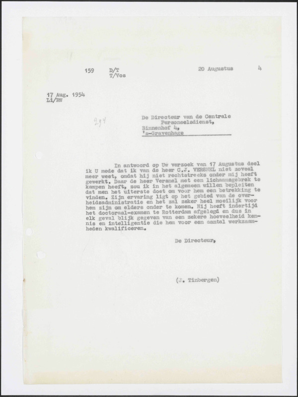 Letter to Centrale Personeelsdienst, Ministerie van Binnenlandse Zaken, Bureau personeelsvoorziening