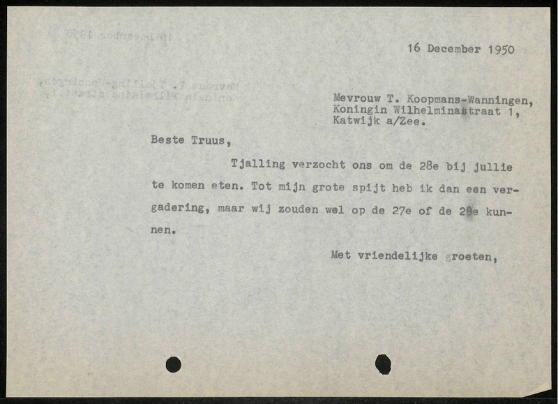 Letter to T. Koopmans-Wanningen
