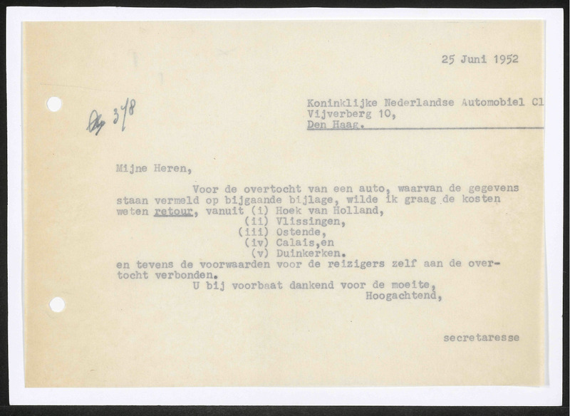 Letter to Koninklijke Nederlandse Automobiel Club
