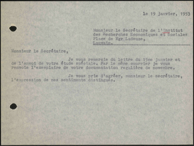 Letter to L'Institut des Recherches Économiques et Sociales, Leuven