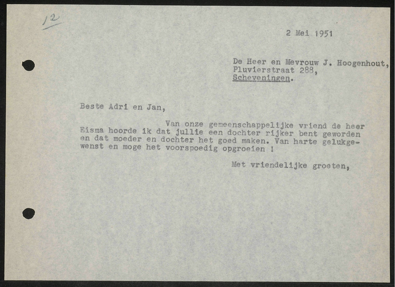 Letter to Adrie en Jan Hoogenhout