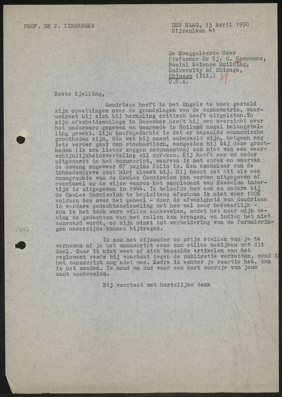 Letter to T. Koopmans