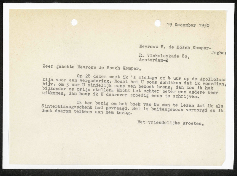Letter to F. de Bosch Kemper-Jeghel