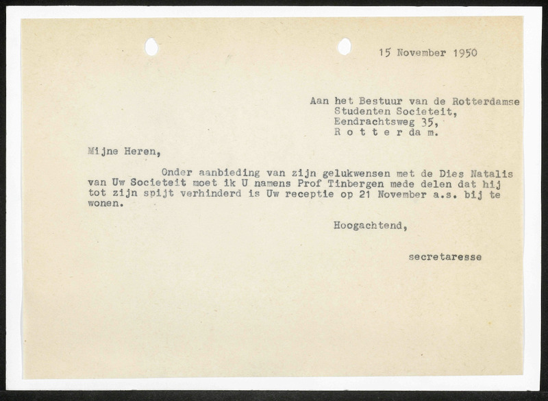 Letter to Rotterdamse Studenten Societeit