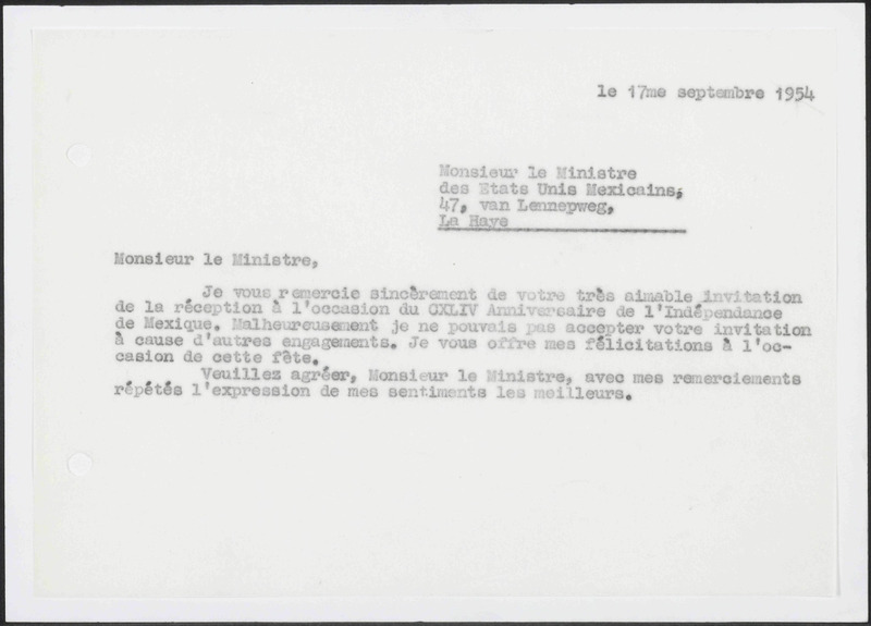 Letter to Ministre des États Unis Mexicains