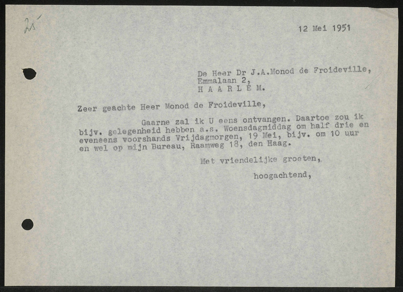 Letter to J.A. Monod de Froideville