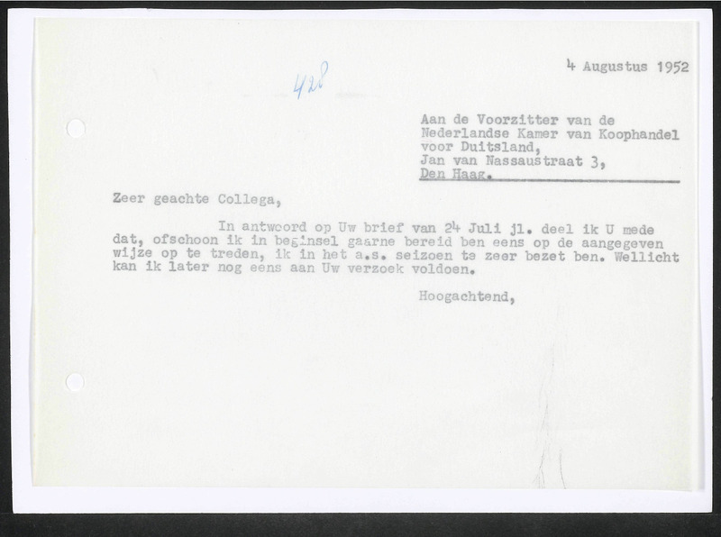 Letter to Nederlandse Kamer van Koophandel voor Duitsland
