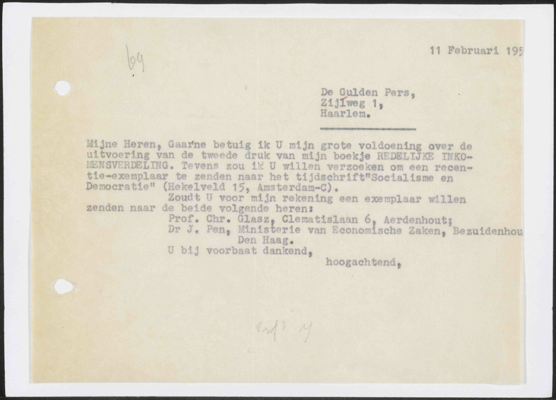 Letter to De Gulden Pers, uitgeversmaatschappij