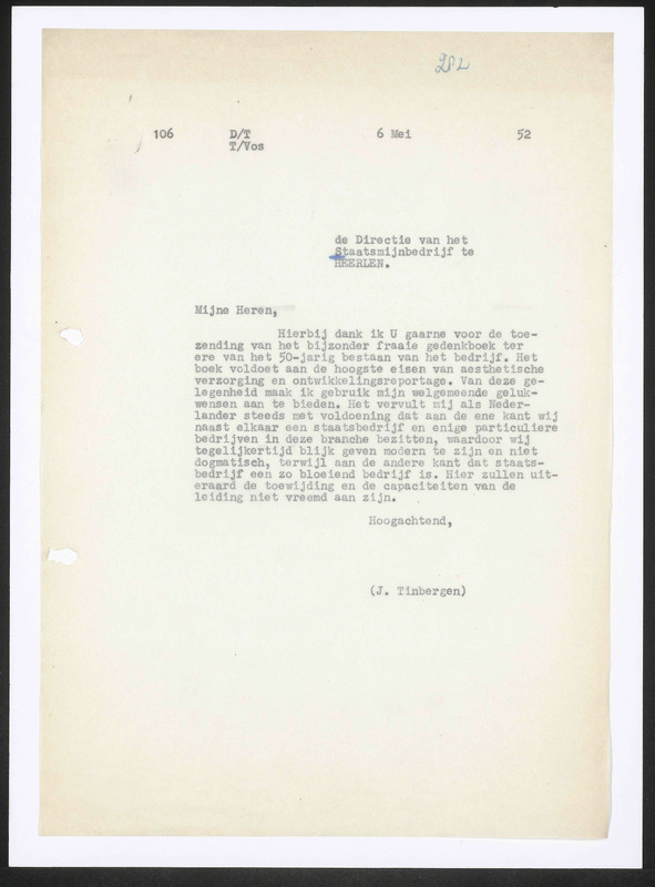 Letter to Staatsmijnen in Limburg