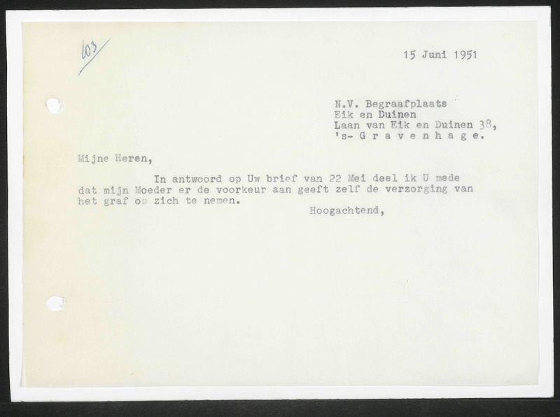 Letter to Begraafplaats Eik en Duinen