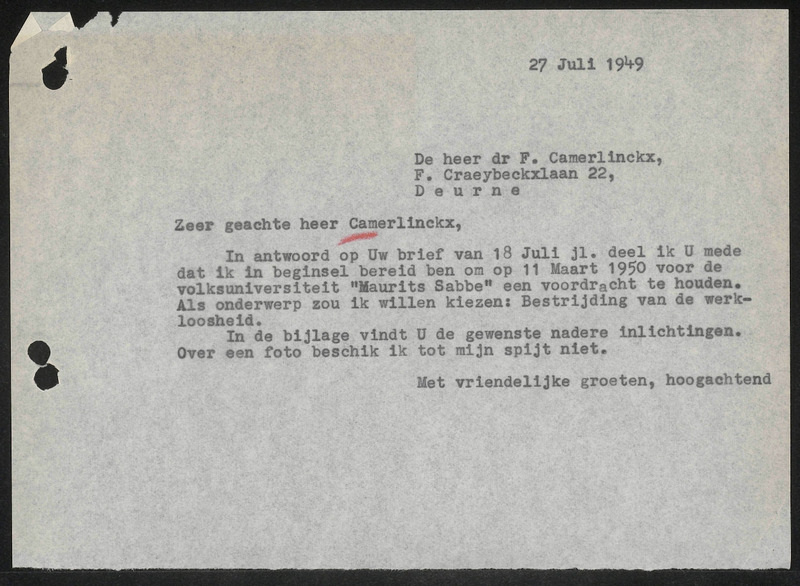 Letter to F. Camerlinckx