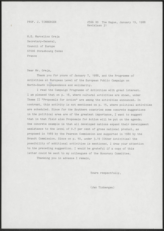 Letter to Marcelino Oreja
