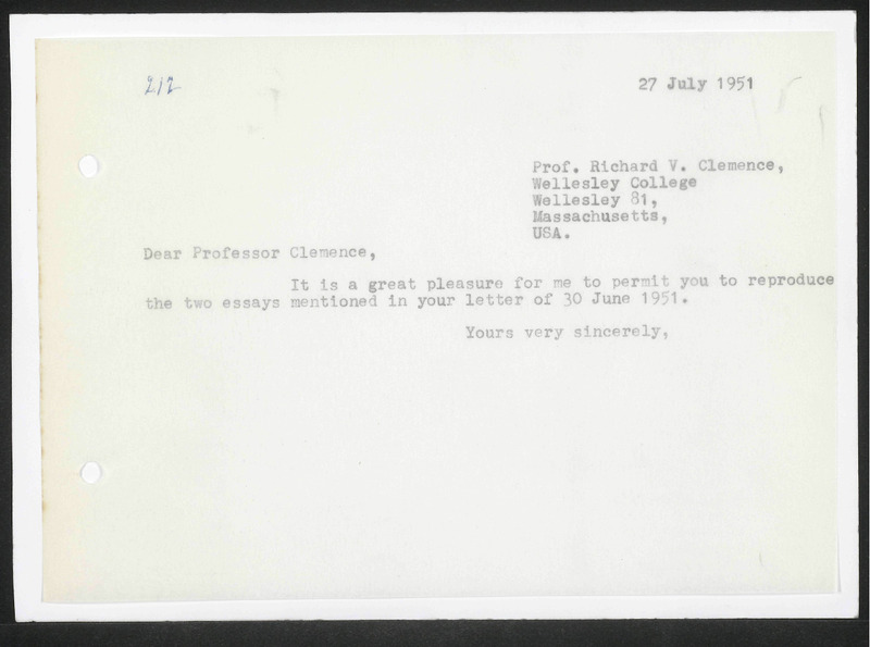 Letter to R.V. Clemence