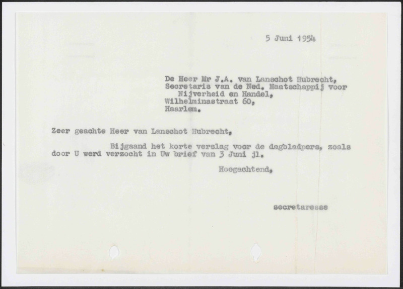 Letter to J.A. van Lanschot Hubrecht