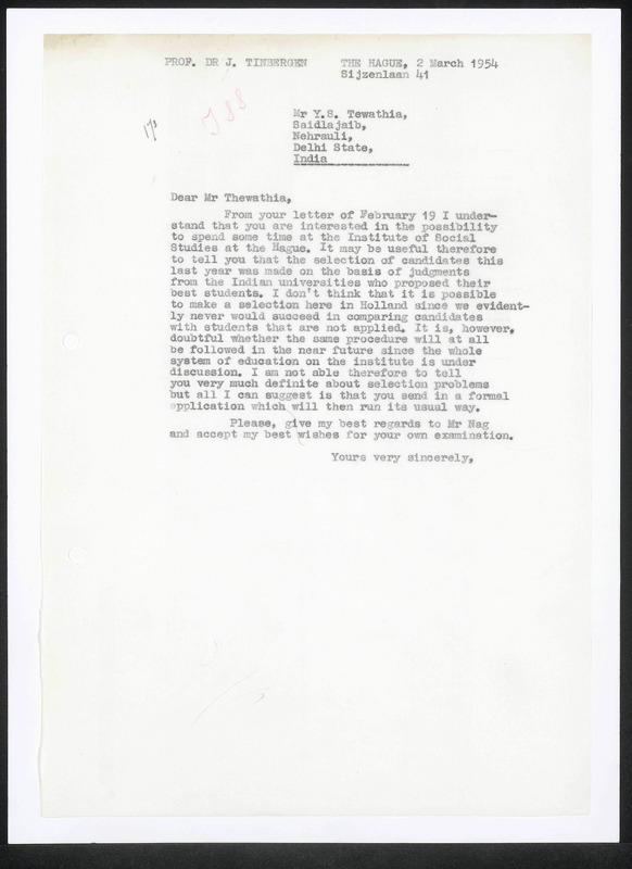 Letter to Y.S. Tewathia