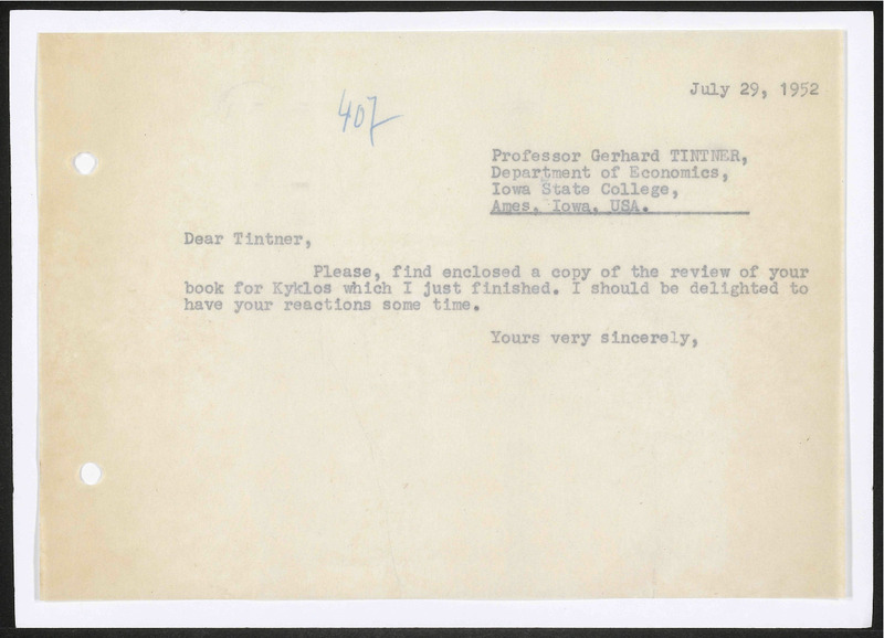 Letter to G. Tintner