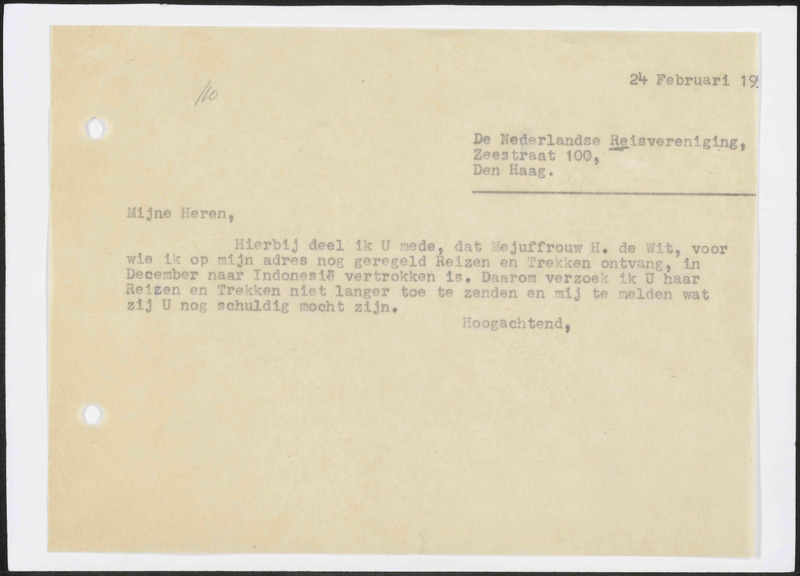 Letter to Nederlandse Reisvereniging