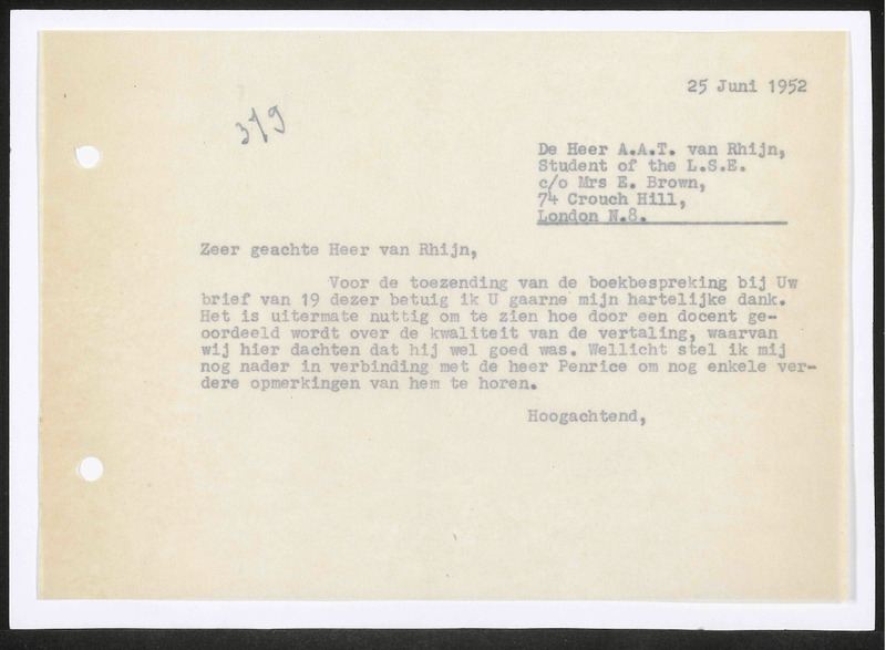 Letter to A.A.T. van Rhijn