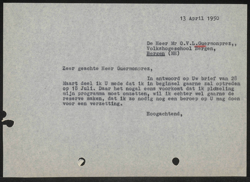 Letter to O.V.L. Guermonprez
