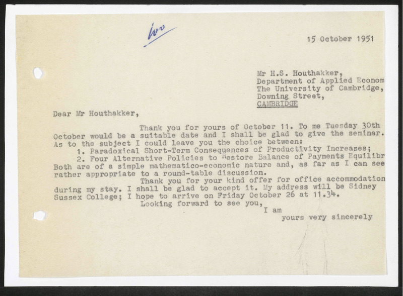 Letter to H.S. Houthakker