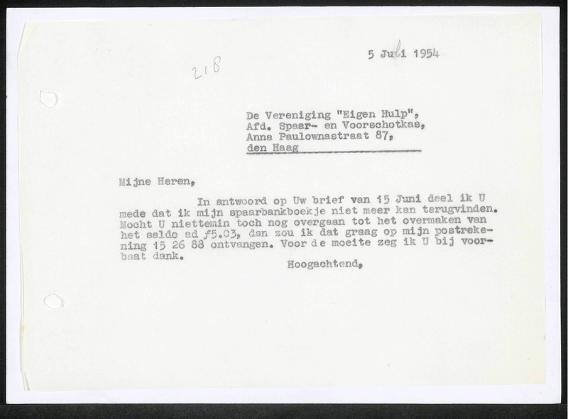 Letter to Vereniging Eigen Hulp, afdeling voor spaar- en voorschotkas