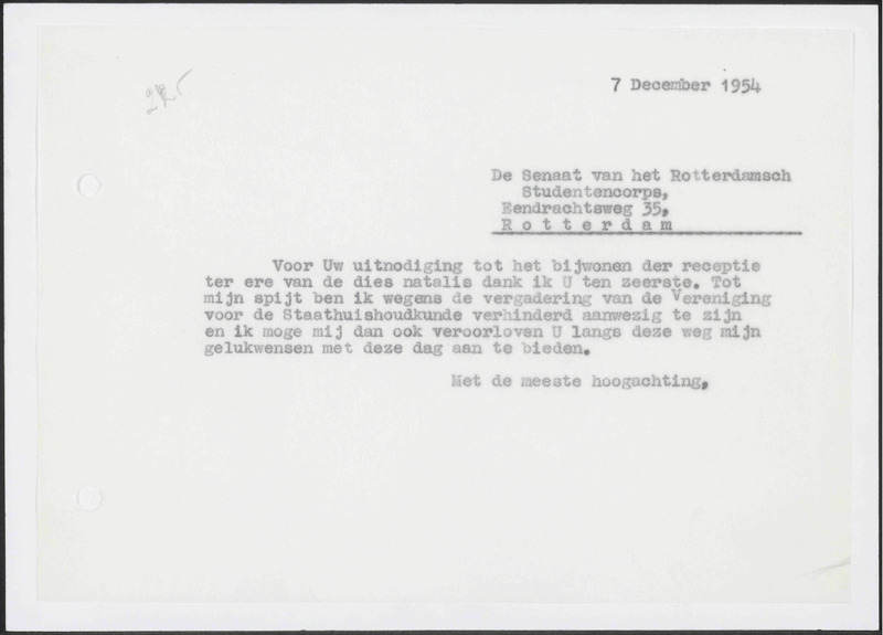 Letter to Rotterdamsch Studenten Corps