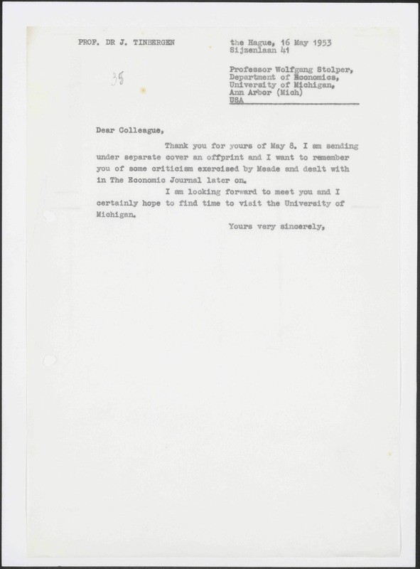 Letter to Wolfgang Stolper