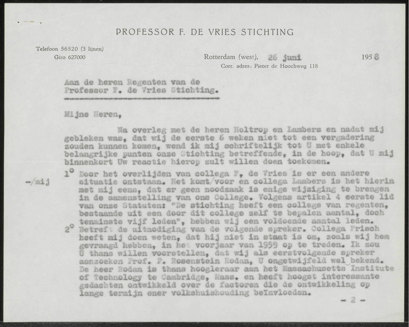 Letter to Professor F. de Vries Stichting